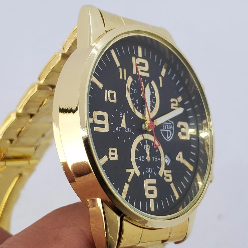 Men's Watch 42MM Large Gold Case Black Dial Date Gold Bracelet‎ Band 7